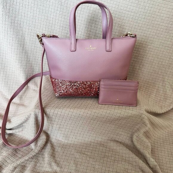 Kate Spade Greta Court Ina Glitter Dusty Peony Mini Satchel + Matching Card Case - Picture 5 of 13